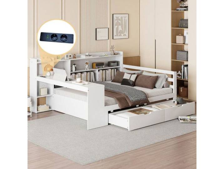 Canapé-lit multifonction 140x200cm bois massif blanc Bureau étagères tiroirs USB blanc LIT COMBINE