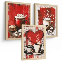 POSTER 3er Set Schokolade und Kaffee Wandbilder Marshmallows Zuckerstange Rote Pop Art Küche Wanddeko Rahmenlos A3