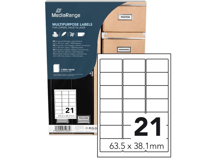 Universal-Klebe-Etiketten, stark haftend, 63.5 x 38.1 mm , 50 Blatt / 1050 Etiketten weiss