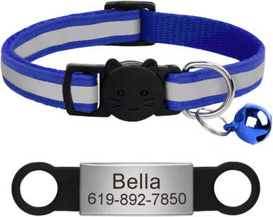Inspire Picks Personalized Reflective Cat Collar With Engraved ID Nameplate & Bell blue 88