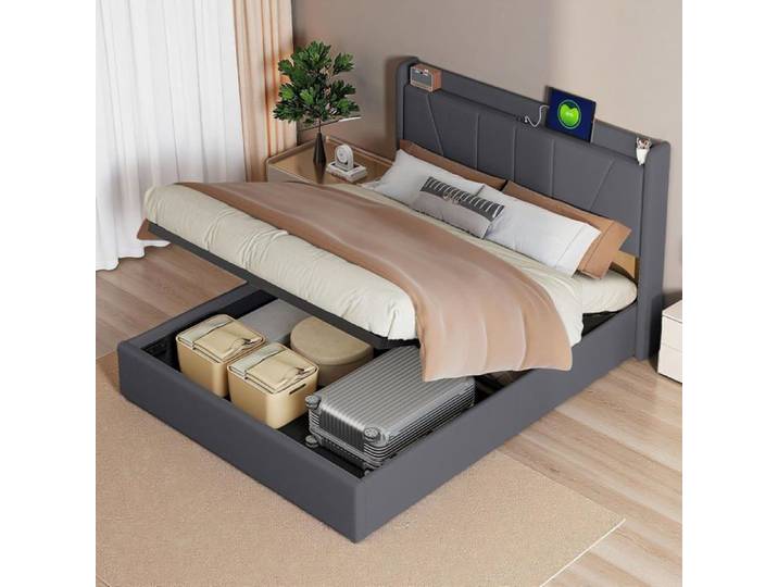 Lit Coffre 160x200 rangement double rembourré ports USB cadre pratique sommier lattes adulte tête lit (Gris)