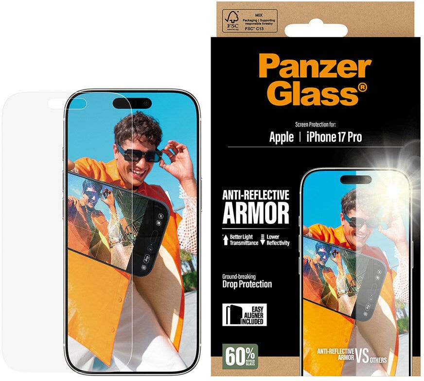 iPhone 17 Pro PanzerGlass Ultra Wide Fit Beskyttelsesglas m. EasyAligner - Anti-Reflective - Gennemsigtig