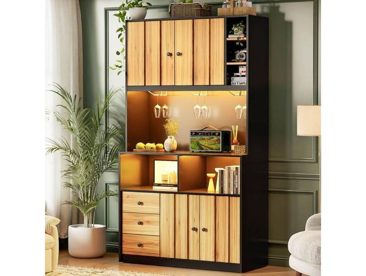 Armoire de cuisine 180 cm Armoire haute avec LED Avec éclairage LED Étagère de cuisine équipé de prise de courant