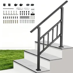 VEVOR Handläufe für Außentreppen Treppengeländer für 2-3 Stufen Schwarz, Treppenhandlauf für Veranda & Terrasse, Kohlenstoffstahl, 0–45° Winkel Einstellbar, Bodenmontage, Flachrohr, mit Querstreben