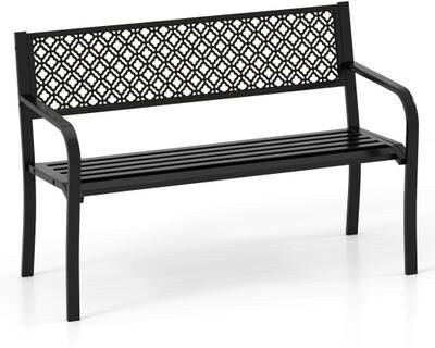 Costway 50 Inches Outdoor Garden Bench with Geometric Lattice Backrest and Slatted Seat-Black