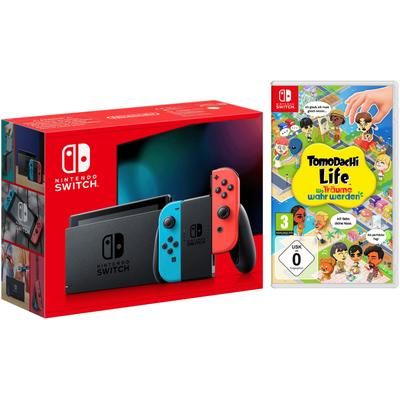 NINTENDO SWITCH Spielekonsole "Switch Neon-Rot/Neon-Blau inkl. Tomodachi Life", schwarz (neonrot, neonblau), B:23,9cm H:10,2cm T:1,39cm, Spielekonsolen, Switch Neon-Rot/Neon-Blau inkl.Tomodachi Life: Wo Träume wahr werden