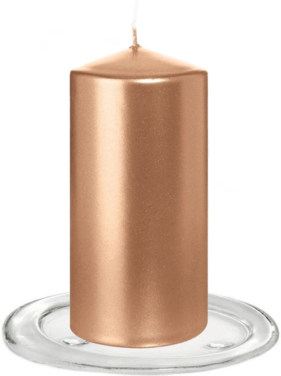Trend Candles Set van 2 Stompkaarsen met Glazen Onderzetters in Rose Goud, 6 x 12 cm