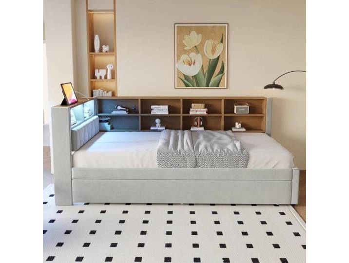 Canapé-lit gigogne - KOMHTOM - Modèle gigogne - Couchage 90x200 cm - LED intégrée USB-C - Rangement tiroirs