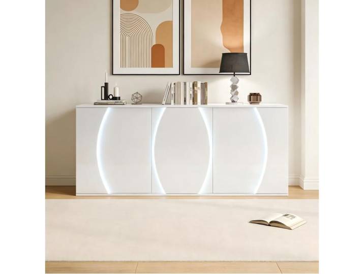 WOVREO Buffet bas 150 x 40 x 70 cm 3 portes LED USB blanc brillant panneaux de particules