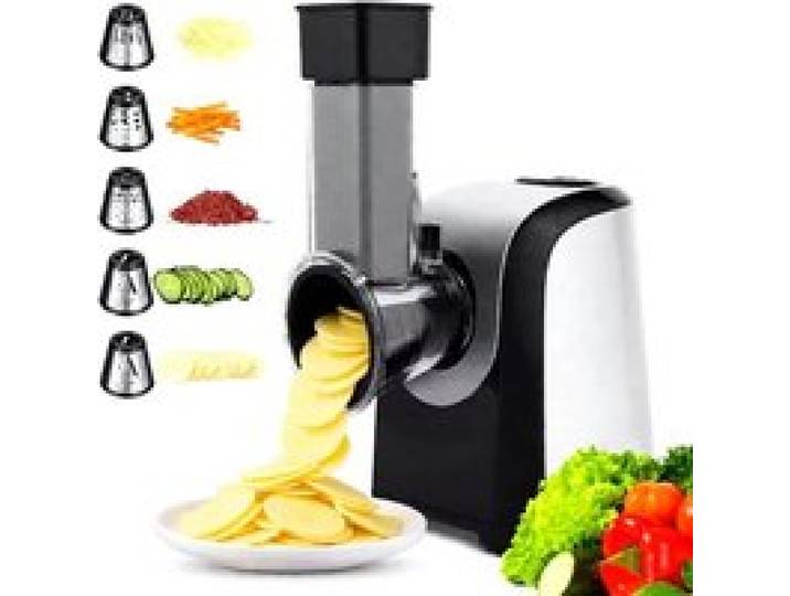 Râpe Électrique 150W-5-En-1 Multifonctions Coupe-Légumes Avec 5 Disques Pour Fruits Légumes Fromage Compatible Lave-Vaisselle