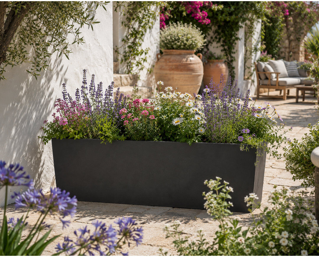 Dakota Fields Isla Trough Planter Pot, Concrete Effect Pot, Indoor and Outdoor Large Plant Pot with Drainage Hole Black 40cm H x 25cm W x 79cm D