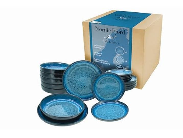 CreaTable\, 21551\, Série Nordic Fjord Blue\, service de vaisselle 18 pièces\, set d'assiettes en grès.