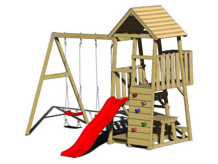 Wendi Toys Holz Spielturm Flamingo mit Rutsche, Kletterwand, 2 Schaukeln & Picknicktisch Natur 280x340x270 cm