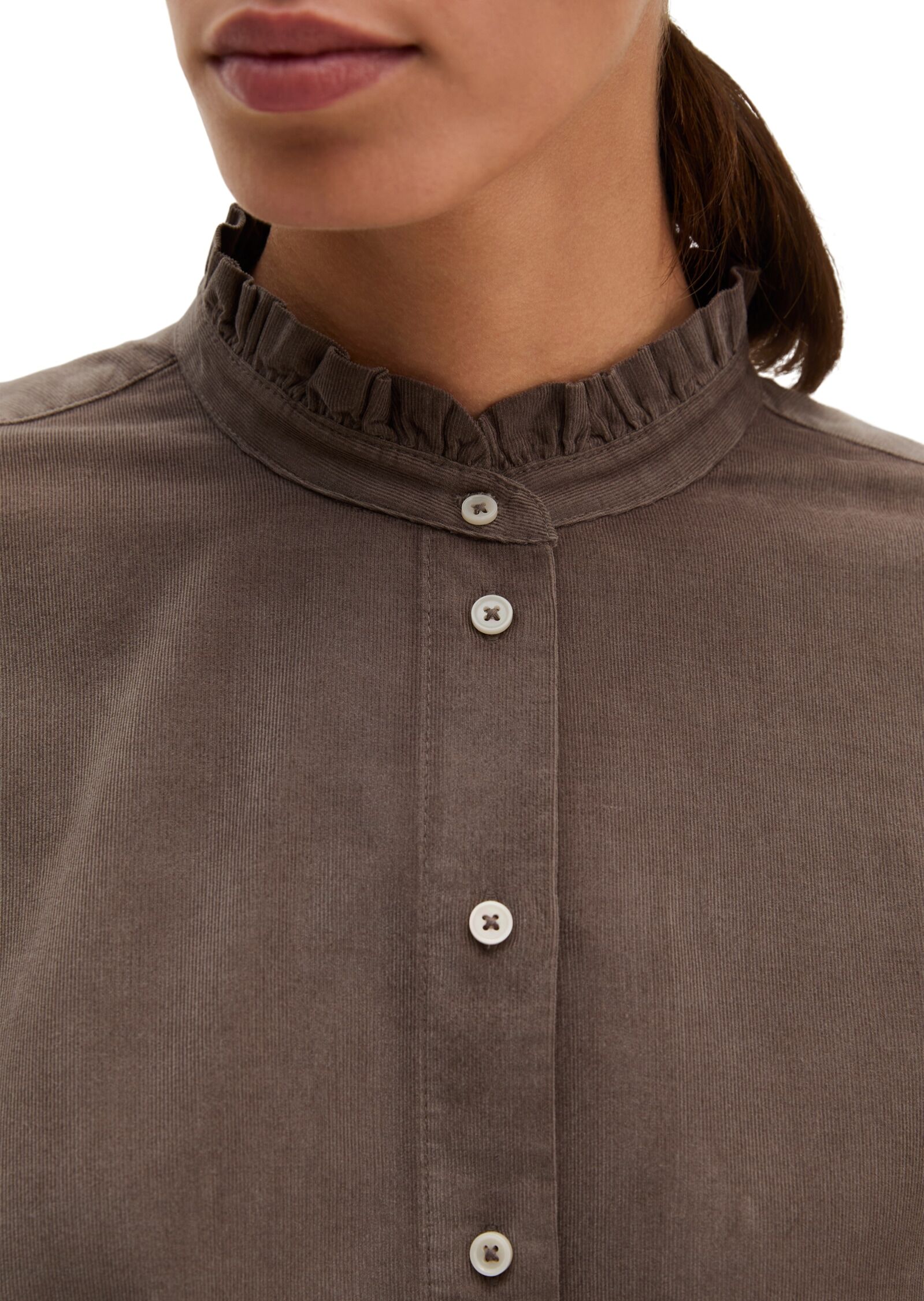 Marc O' Polo Rüschenbluse MARC O'POLO, Damen, Gr. 36, stone taupe, Cord, Obermaterial: 78% Baumwolle, 22% Lyocell, unifarben, regular fit hüftlang, 1-Knopf-Manschette, Blusen Rüschenbluse, in Cord-Qualität, mit Bio-Baumwolle stone taupe 36