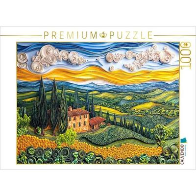 CALVENDO Puzzle Quilling Papierkunst Toskana Landschaft mit Zypressen Landgut und Sonnenblumenfeld | 1000 Teile Lege-Größe 64x48cm Foto-Puzzle für