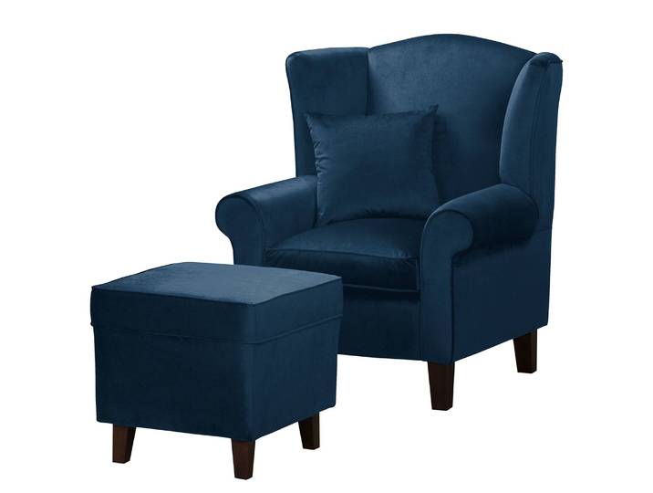 Ohrensessel Blau Samt Vaia mit Hocker 80 x 95 x 78cm