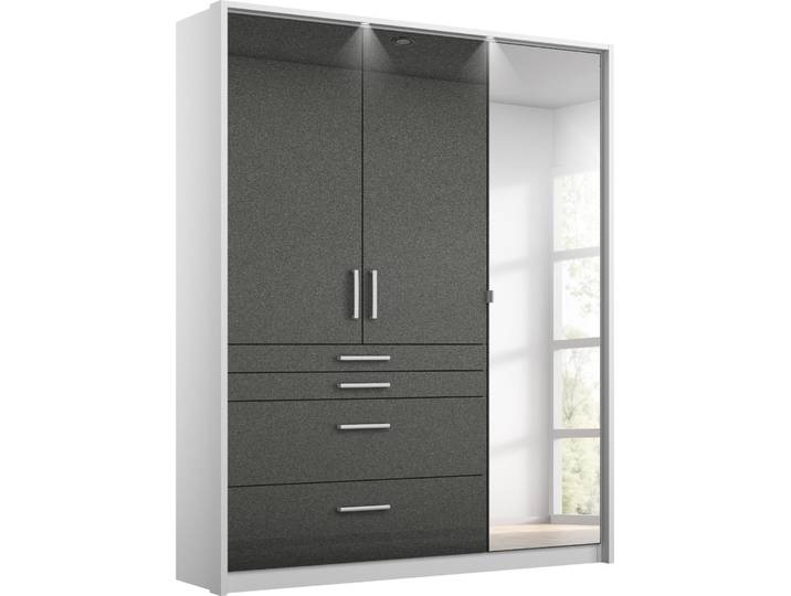 Drehtürenschrank, Weiß/Grau, 136x197x54 cm, Holzwerkstoff, Mit Beleuchtung & Passepartout, Landhaus, Rauch