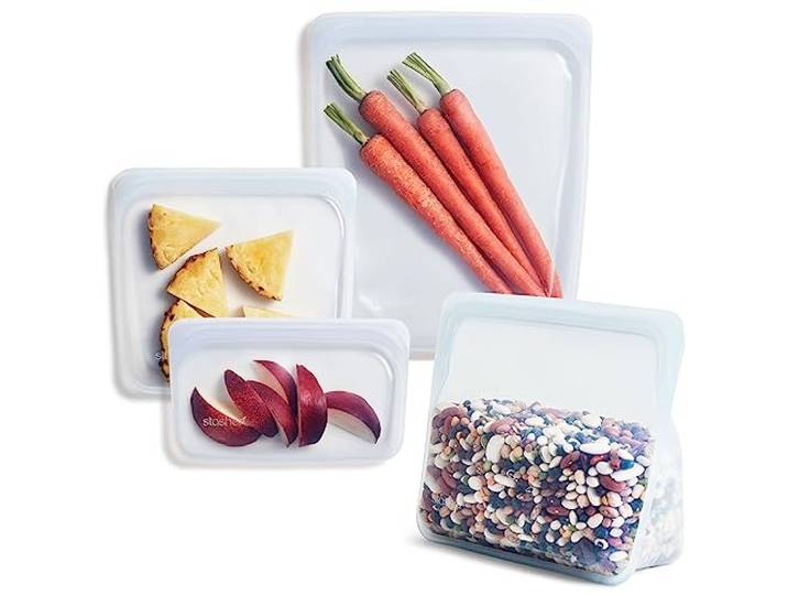 Stasher Silikonbeutel Set 4er-Pack, Stand-Up Beutel, Meal Prep, Klar Silikonbeutel für Snacks, Meal Prep; ideal für Schule, Büro und unterwegs, auslaufsicher, BPA-frei, Küche, Kühlschrank.
