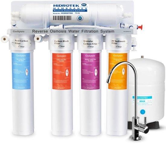 Wasserfilter mit Umkehrosmose, 5-stufig - Kapazität: 75 GPD - Gehäuse aus legiertem Stahl, Kunststoff und Messing - Installation unter der Spüle