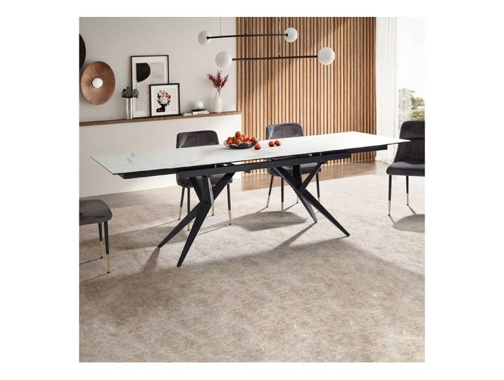 FINEBUY Esstisch FB64090 Ausziehbarer 180–260 cm Keramik Glas Metallgestell Design (180 - 260 cm Glas Keramik Weiß, Ausziehbar Modern), Esszimmertisch Metallbeine, Keramiktisch Esszimmer