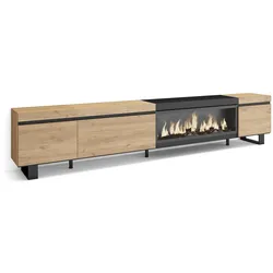 SKRAUT HOME Wohnzimmer-TV-Schrank, Viel Stauraum, 288x35x57cm, Großes TV-Format, XXL-Elektrokamin, Industriedesign, Farbe Eiche und Schwarz _ 494_103