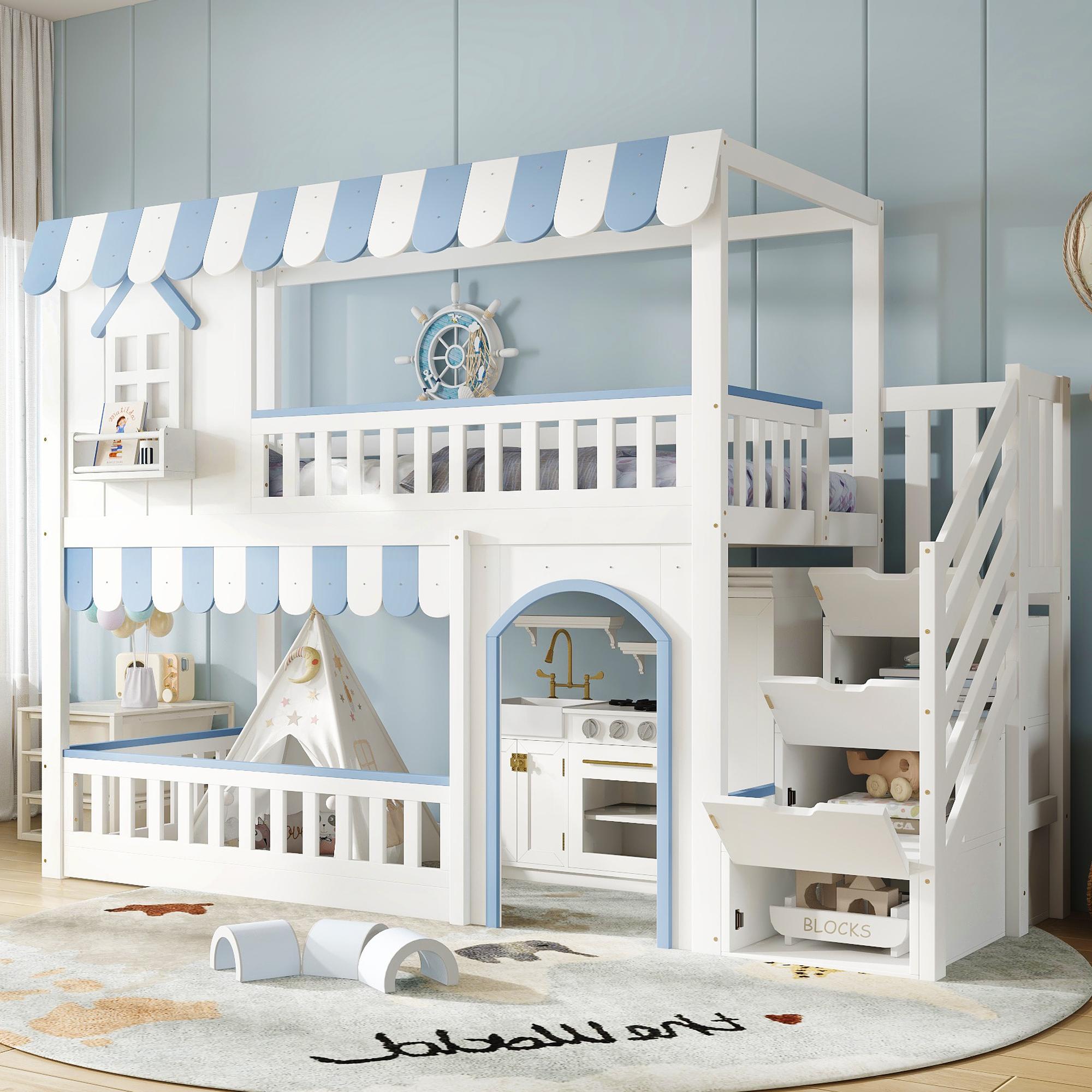Merax Etagenbett Hochbett 90x200cm mit Treppenaufbewahrung und Schutzgitter, Kinderbett mit Lattenrost und Fensterdesign, Kiefer + MDF, Weiß + Blau