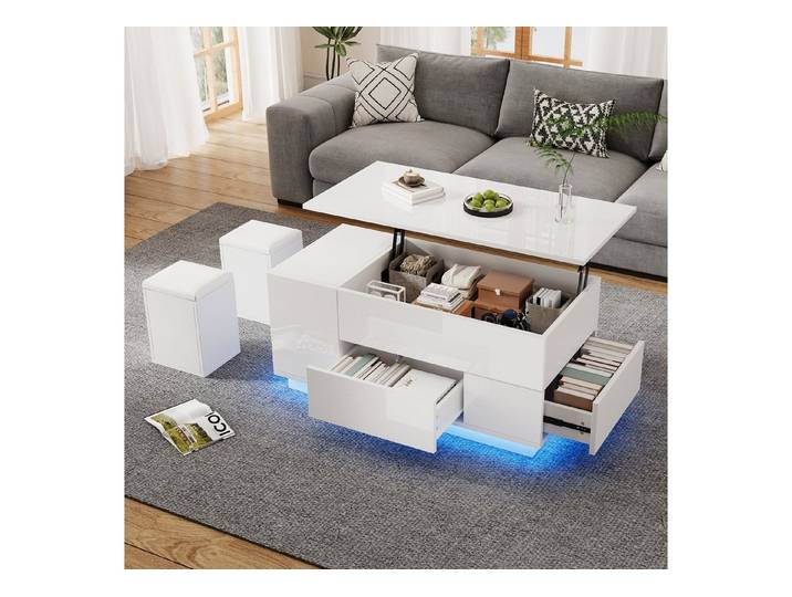 MODFU Couchtisch Hydraulisch höhenverstellbarer Couchtisch mit LED-Beleuchtung (Wohnzimmertisch, Beistelltisch, 1-St., mit LED, 2 Schubladen, 100*50*45cm), Hochglanztisch mit 2 Hockern, verstecktem Stauraum