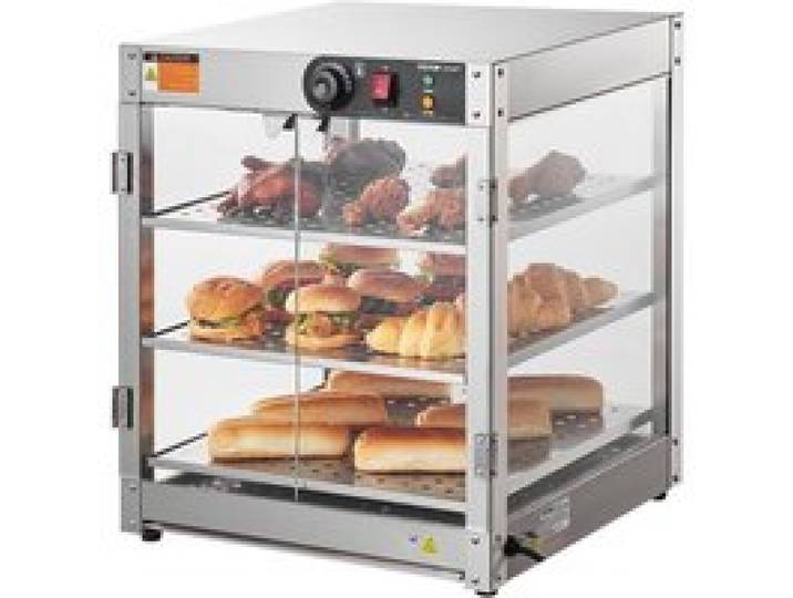 VEVOR 3-stufiger kommerzieller Speisenwärmer, 800 W Speisenwärmer mit Licht zur Aufwertung der Speisenpräsentation, 30 °C bis 85 °C Temperaturregelung, 90 l großes Fassungsvermögen für Hamburger, Pizza, Brot, Brathähnchen
