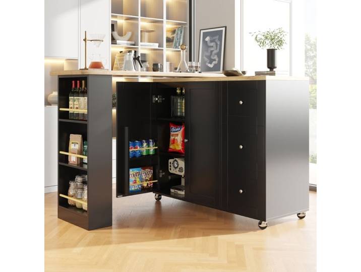 Zitty Îlot Central Cuisine Pivotant 360° Table de Bar sur Roulettes avec Tiroirs (135-203x39x106cm) MDF Noir