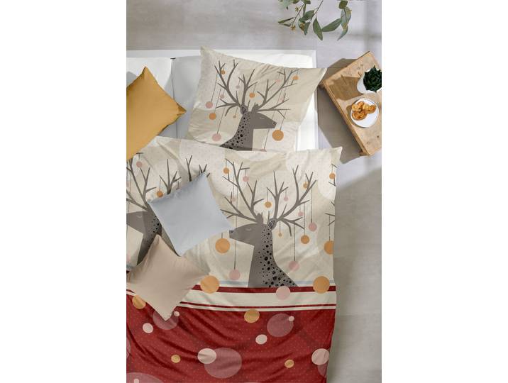 Feinbiber-Bettwäsche Rudolph 135 x 200 cm + Kissen 80 x 80 cm Rot/Braun