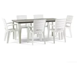 RATTATAN Set aus Tisch und 6 Gartenstühlen, rechteckiger Tisch 180x90cm, Eisenstruktur und Stühle aus Kunststoff mit Armlehnen, stapelbar Thomas+Anita/Schiefer