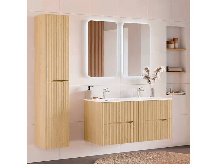Ensemble meuble double vasque encastrée 120cm et colonne Isaline Bois