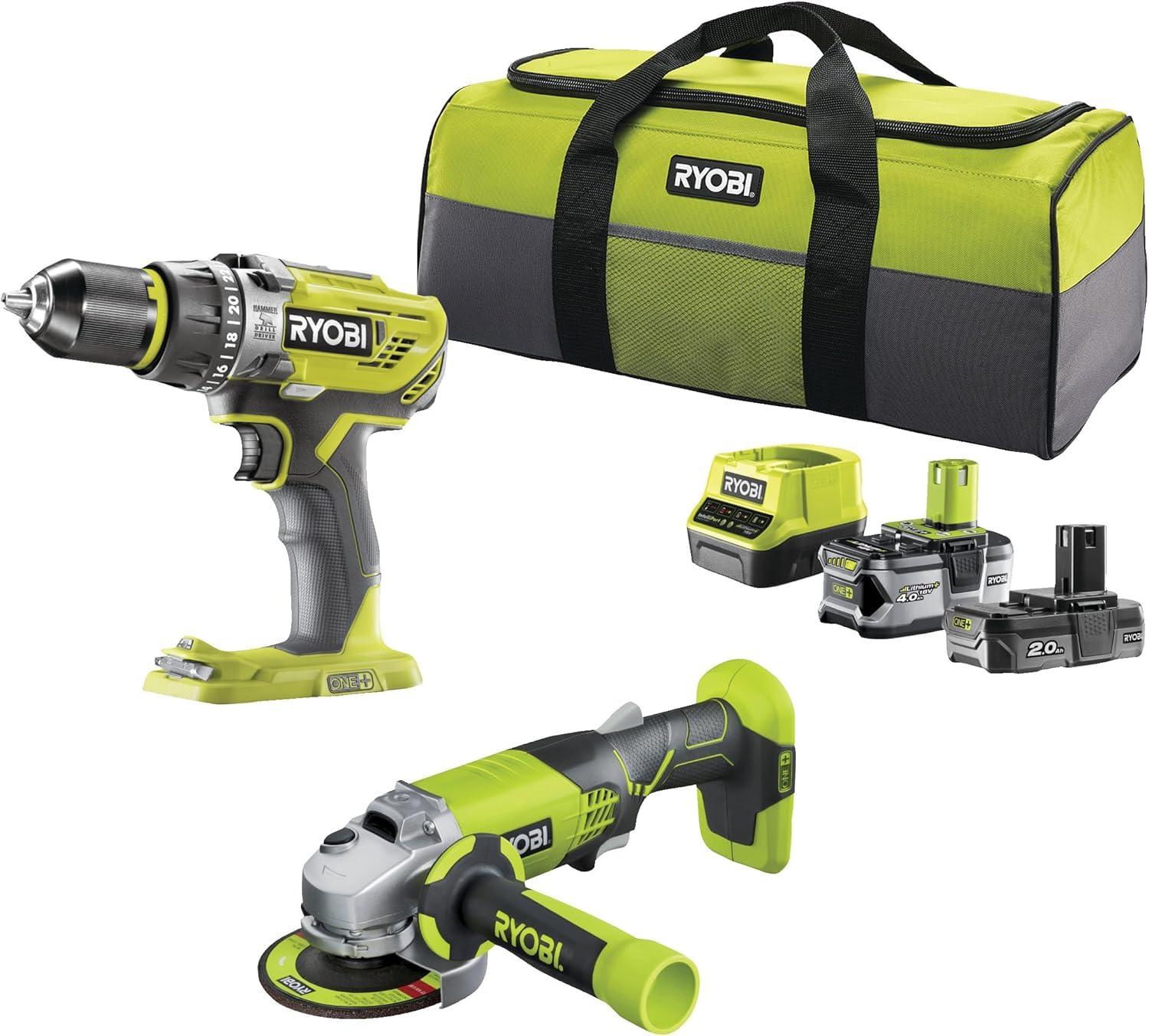 RYOBI 18 V ONE+ Kombo-Kit R18PDAG-242S, inkl. Schlagbohrschrauber, Winkelschleif