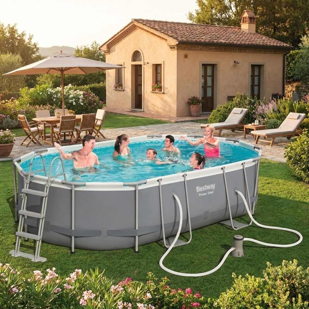bestway 56448 Piscina Fuori Terra Con Telaio Portante Piscina Esterna Da Giardino In Pvc Triplice Strato Ovale 488x305x107h Cm Con Pompa Filtro Da 3.028 Lt/h - 56448 Power Steel Frame