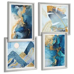 BILDER SET 4er Set - 50x50 cm & 40x60 cm Silberner Rahmen - Goldmuster in den blauen Bergen
