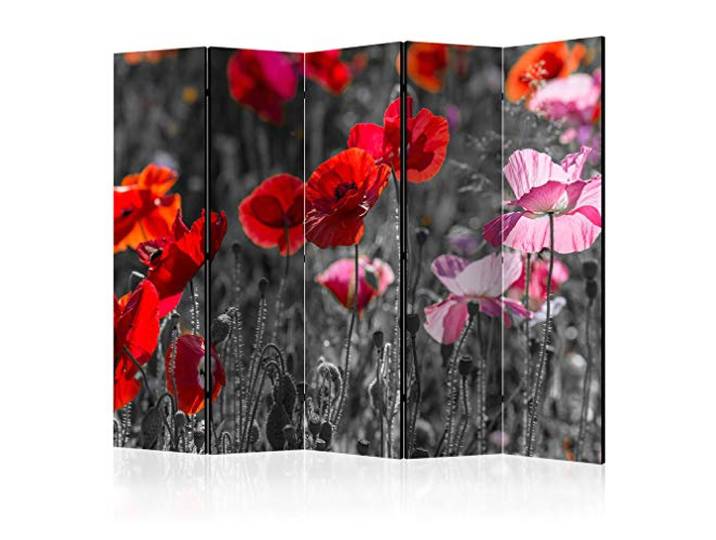 decomonkey Paravent Raumteiler Innen Mohnblumen, 225x172 cm, 5-teilig Beidseitig, Wohnzimmer, Room Divider, Wall, Raumteiler Stehend, Trennwand, Sichtschutz, Spanische Wand, Sichtschutzwand, Holz