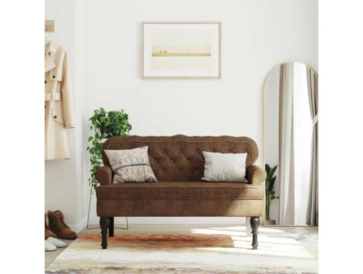 TEKGHUT Sitzbank mit Rückenlehne Braun 119,5x64,5x75 cm Wildleder-Optik Mikrofaserbezug, Kautschukholzbeine, Sperrholzgestell, Wellenform-Design, Knopfheftungen, Armlehnen
