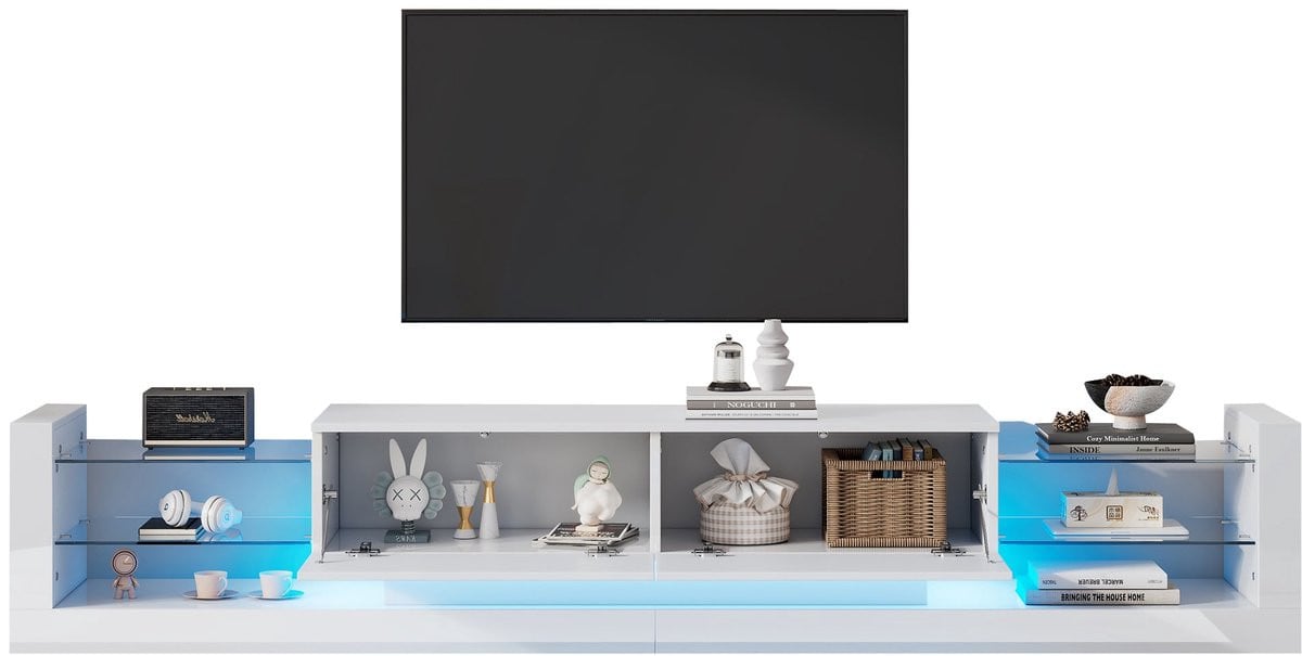 Merax TV-meubel met LED-verlichting en mediacompartimenten, Hoogglans Wit, Breedte: 181 cm