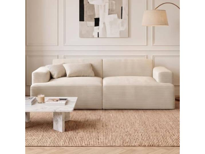 skølm Freki Cloud Couch aus Cord, 2-Sitzer, Beige, 2 Kissen, Vollschaumsofa Sofagarnitur, Vollschaumcouch mit Vakuum-Kompression, 230 cm breit, kein Aufbau erforderlich, Wohnzimmersofa, Polstersofa