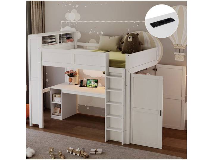 WUVRIE Lit mezzanine 90 x 200 cm blanc avec bureau armoire rangements USB et LED