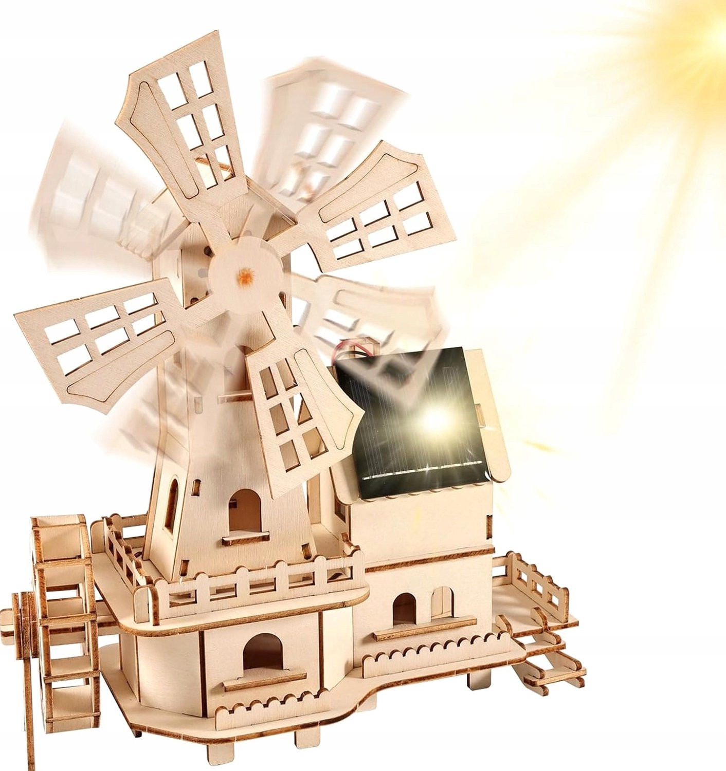 Houten 3D Puzzel: Zonne-aangedreven Windmolen Model