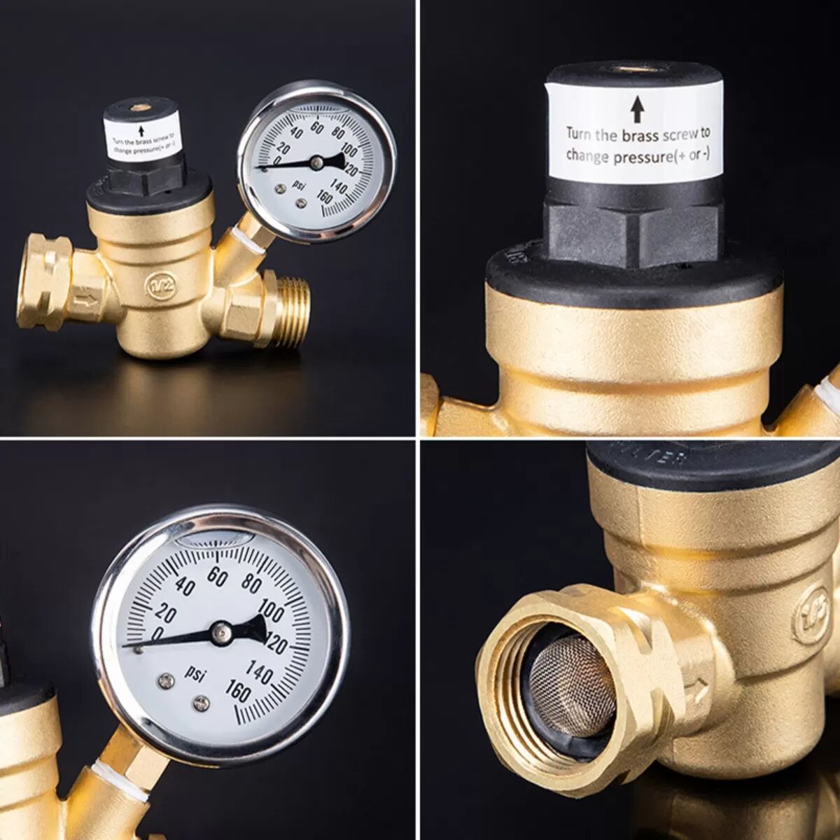 INF Bleifreier Messing-Druckminderer mit Manometer NH3/4 für Wohnmobil-Wassersysteme, Gewindeanschluss, Kupfer+Edelstahl+PP