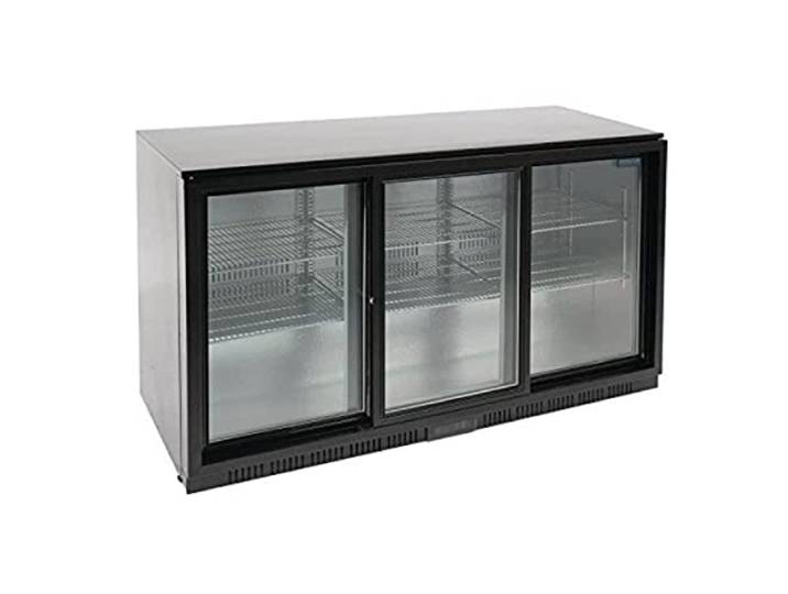 Polar Refrigeration G-Series Arrière bar 350W 320 litres\, 3 portes coulissantes\, Noir\, 2°C à 8°C\, 850(H)x1350(W)x520(D)mm\, 6 étagères\, Capacité 180x 330ml Bouteilles\, Classe énergétique E\, GL013