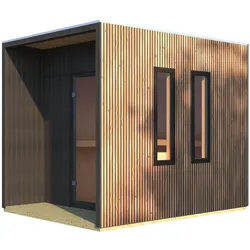 Karibu Design Saunahaus Laguna mit Douglasie-Lamellenprofil - 73 mm Douglasie/Schwarz Inkl. Terrasse Ohne Ofen
