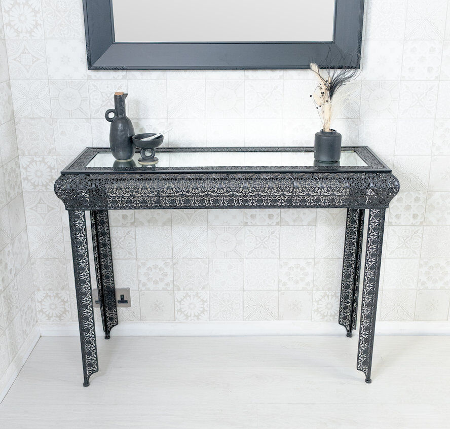 Rosdorf Park Onaga Embossed Metal & Glass Moroccan Style Console Table Black