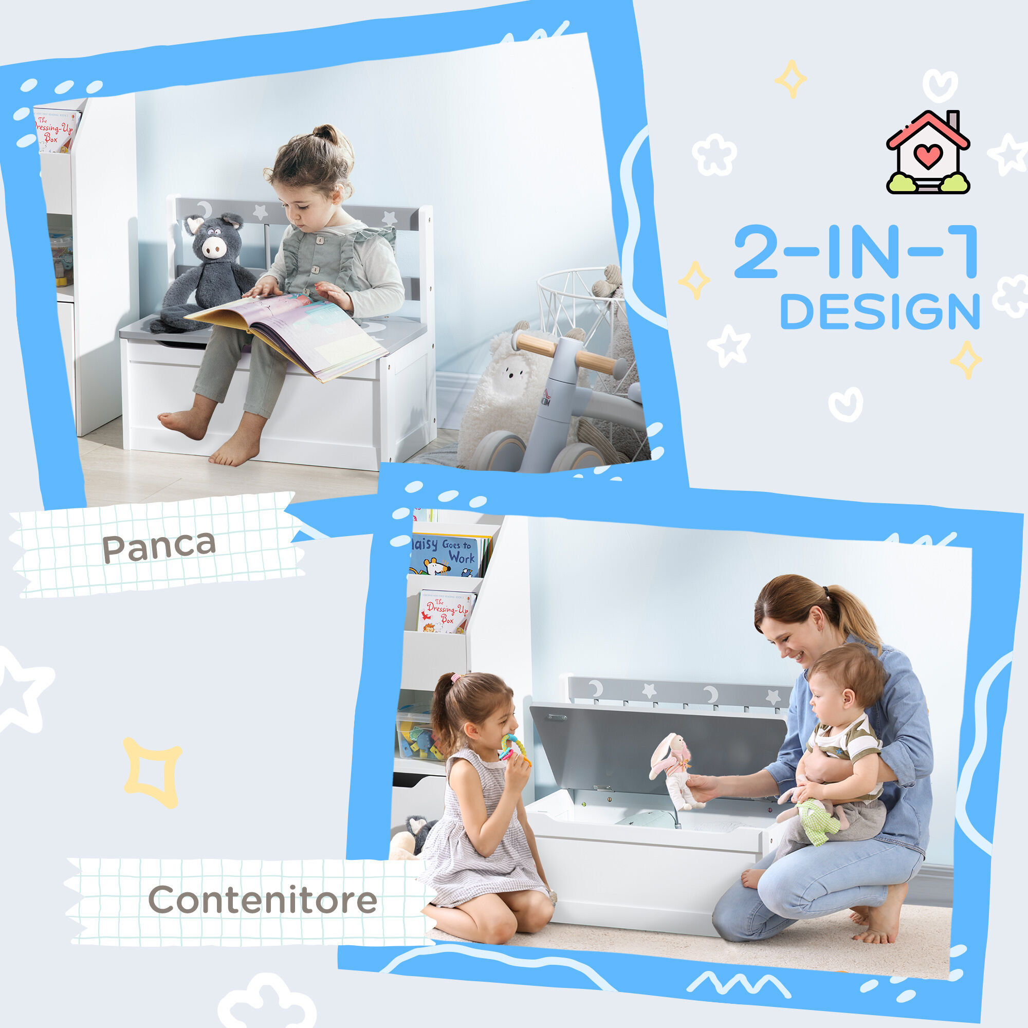 Altro Cassapanca Moderna Portagiochi Con Leva A Gas, In Mdf E Legno Di Pino, 60x30x50 Cm, Bianco E Grigio