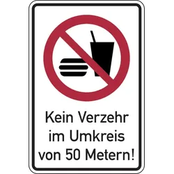 Verbotsschild, Kombischild, Kein Verzehr im Umkreis von 50 Metern!, Aluminium - 300 x 400 x 2 mm Aluverbund
