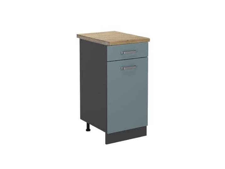 Vicco Küchenunterschrank R-Line, Blau-Grau, 40 cm 1 Schublade · Arbeitsplatte Eiche · Höhenverst. Füße · Metallgriffe · Frei kombinierbar