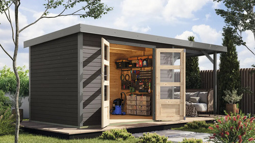 Gartenhaus Karibu Metalwood 4B Blech graualu inkl. Anbaudach 2,35 m 541,5 x 236,5 cm terragrau