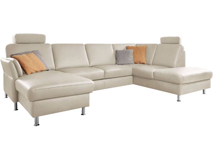 Wohnlandschaft, Beige (Ecru), 305x200 cm, Glattleder TORRO, Mit Bettfunktion & Stauraum, Modern
